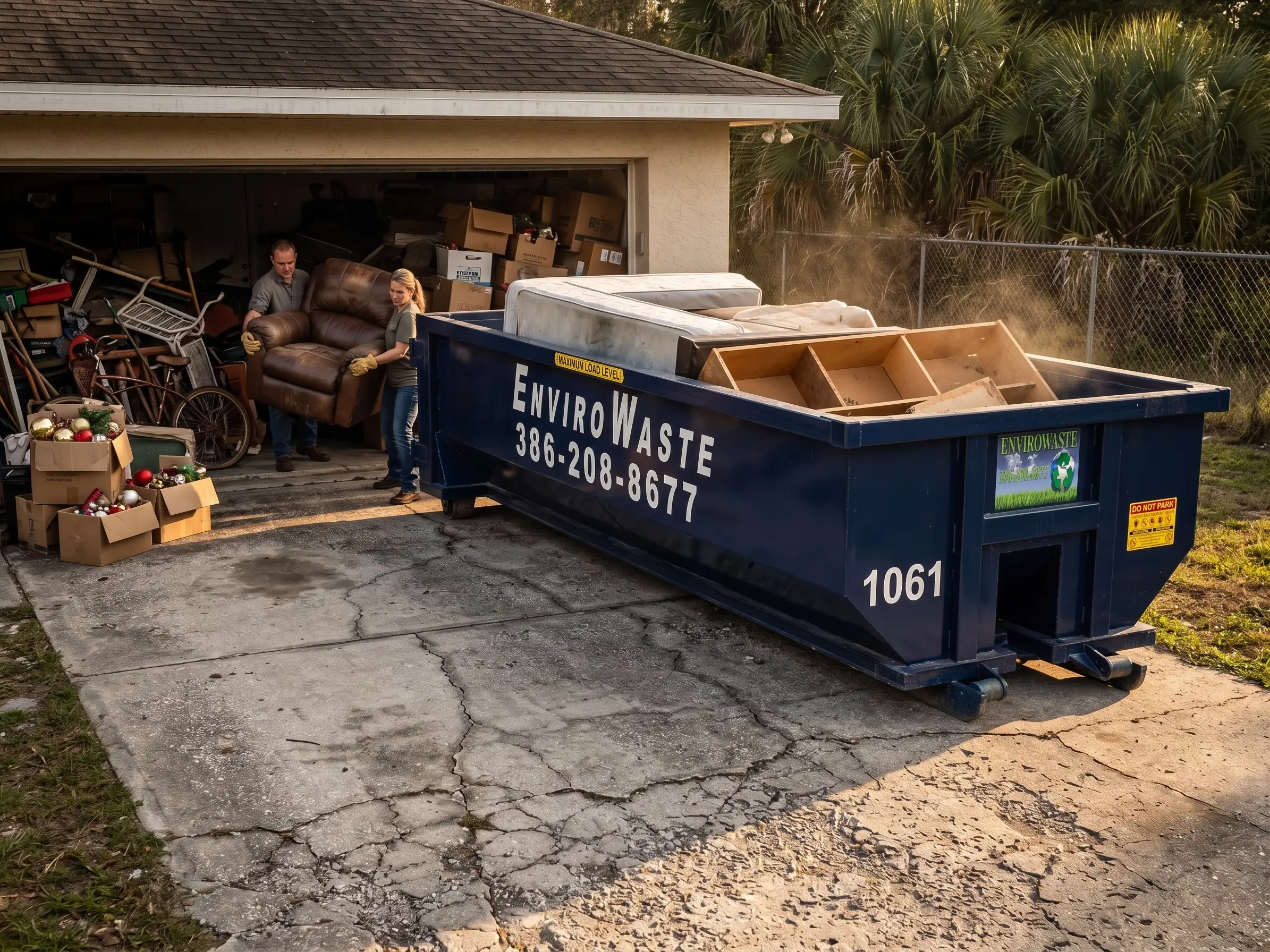 10 yard Envirowaste roll-off dumpster on a residential driveway during a garage cleanout