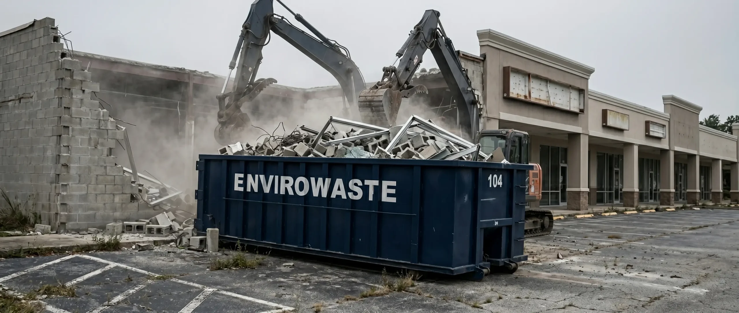 Envirowaste roll-off dumpsters on a Lake City Florida commercial demolition project