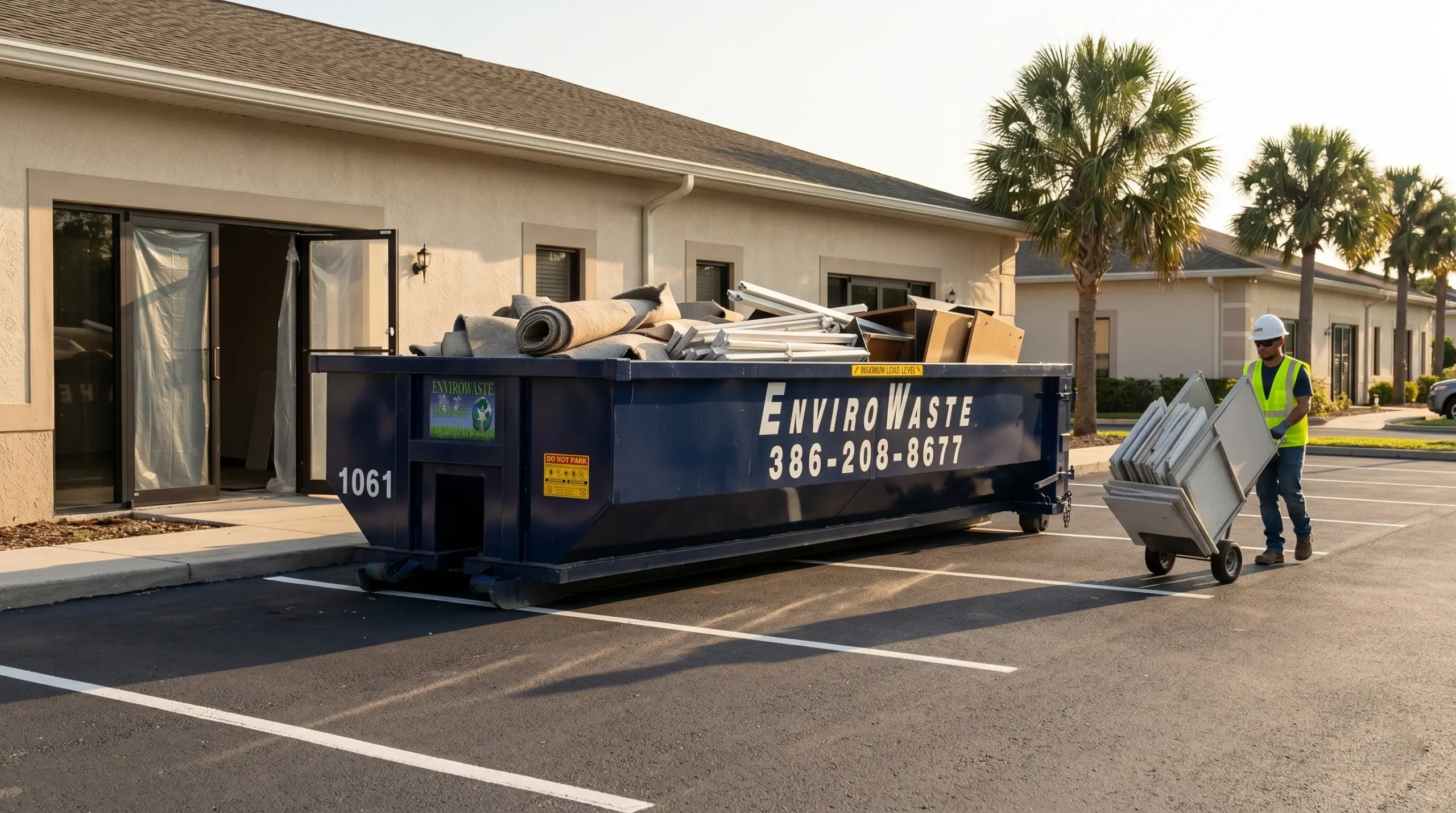 Envirowaste commercial roll-off dumpster on a Suwannee County job site