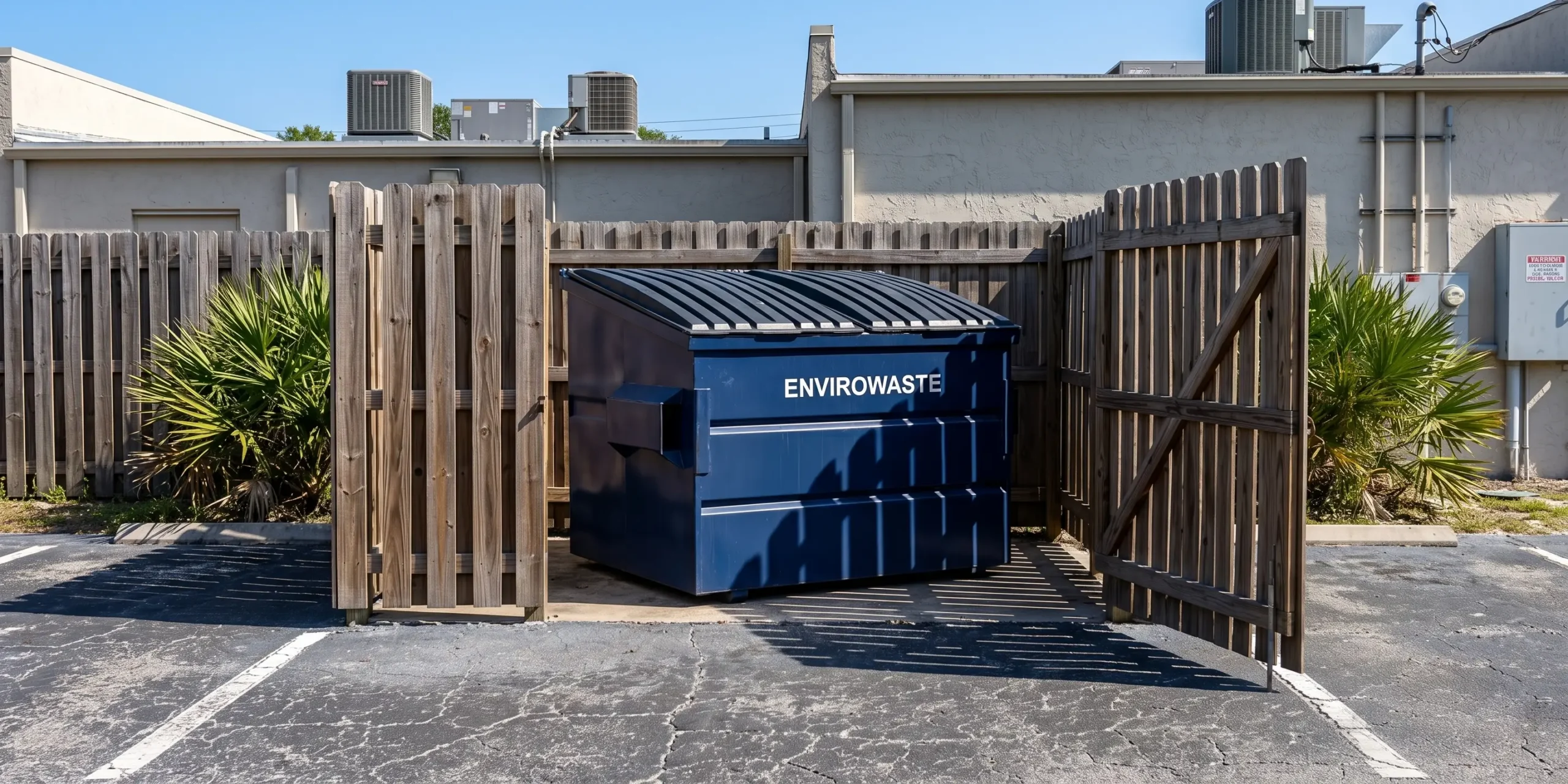 Envirowaste front-load dumpster placed at a Gainesville commercial location