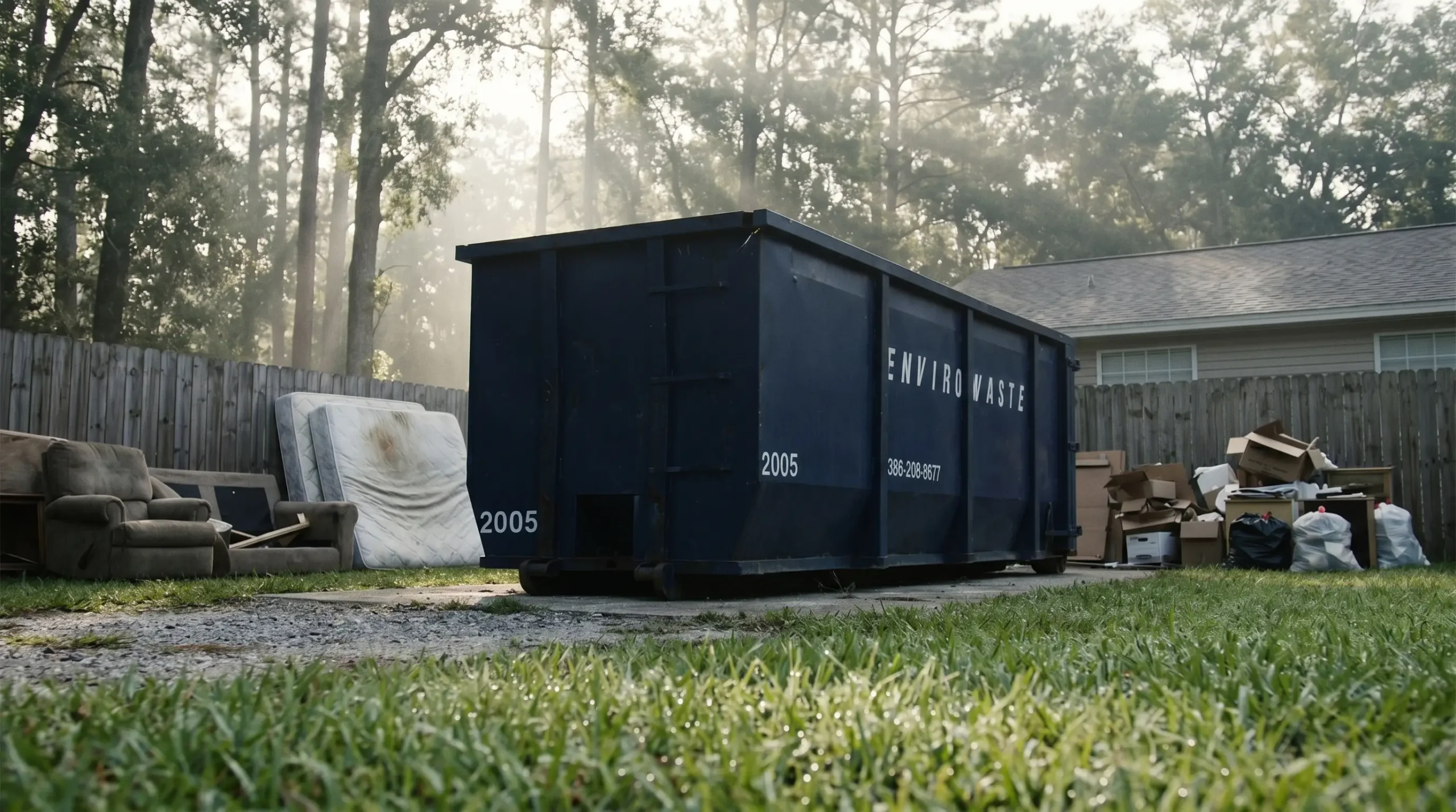 20 yard Envirowaste roll-off dumpster placed for a bathroom remodel job