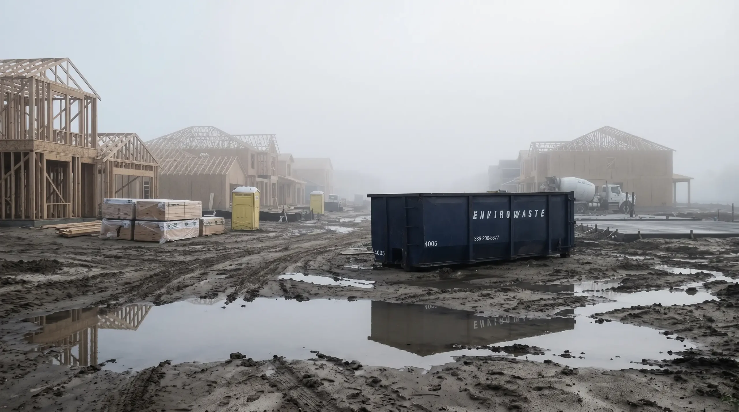 40 yard Envirowaste roll-off dumpster on a large commercial construction site